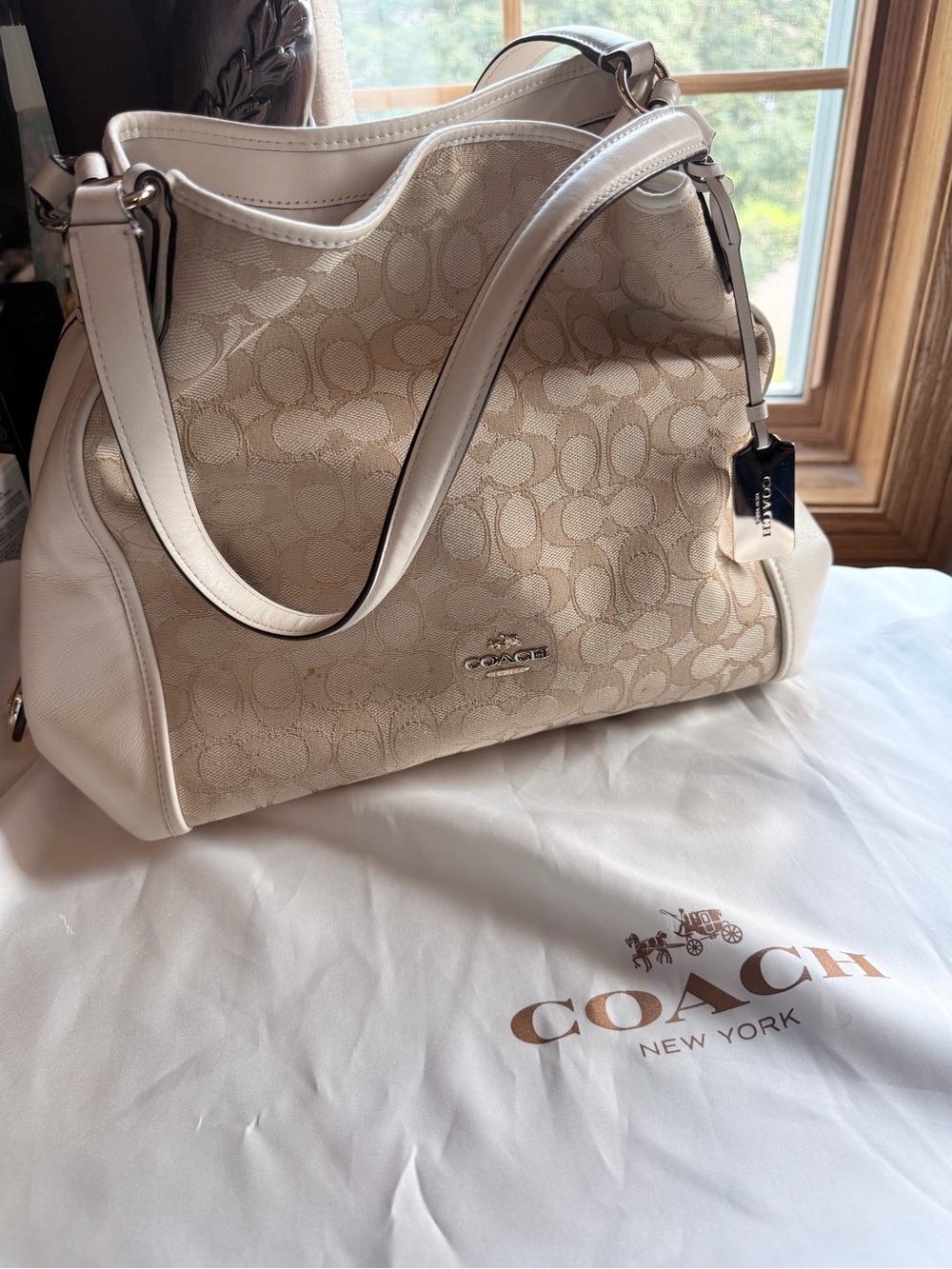 Coach Beige Signature Canvas Shoulder Bag with White Leather Trim